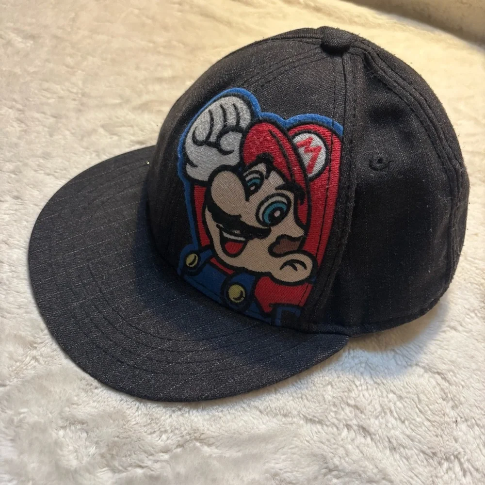 Super Mario Hat Black Ball Cap Nintendo Black Pinstriped Fitted